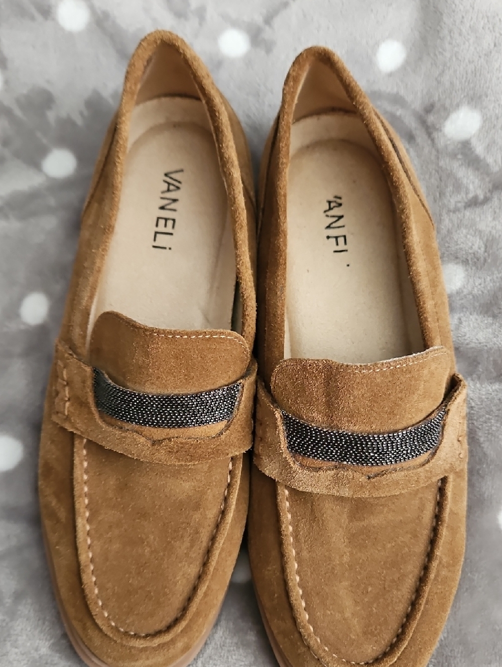 Vaneli Tan Suede Loafers with Dark Metallic Accent